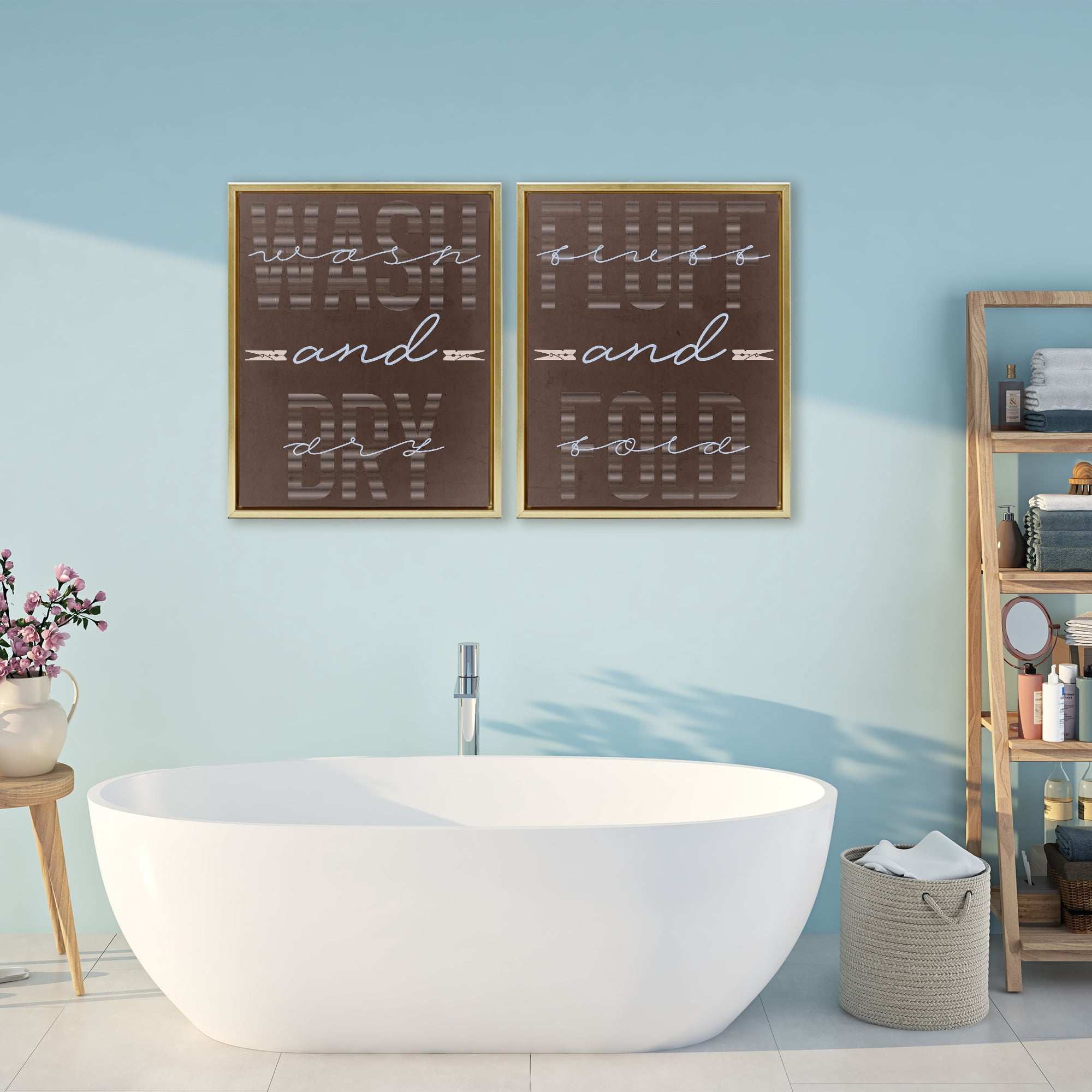 Laundry Words in Brown 2 Piece Gold Framed Floater Canvas Set, design by Marcus Prime