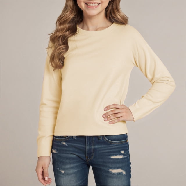 T-shirts Garçons Filles Haut Basique Col Rond Coton Décontracté Chandail en Molleton Enfants Uniforme Filles 5-6 Ans