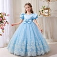 thumbnail image 4 of LEKWK Girls Floral Embroidered Princess Dress Puff Short Sleeve Tulle Pageant Gown Bow Waist Cute Dress for Wedding Flower Girl Formal Birthday Party 3-14Y, 4 of 6