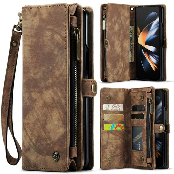 Haobuy Compatible with Samsung Galaxy Z Fold 5 Wallet Case with Lanyard Wristlet Leather Zipper Kickstand Case-Brown