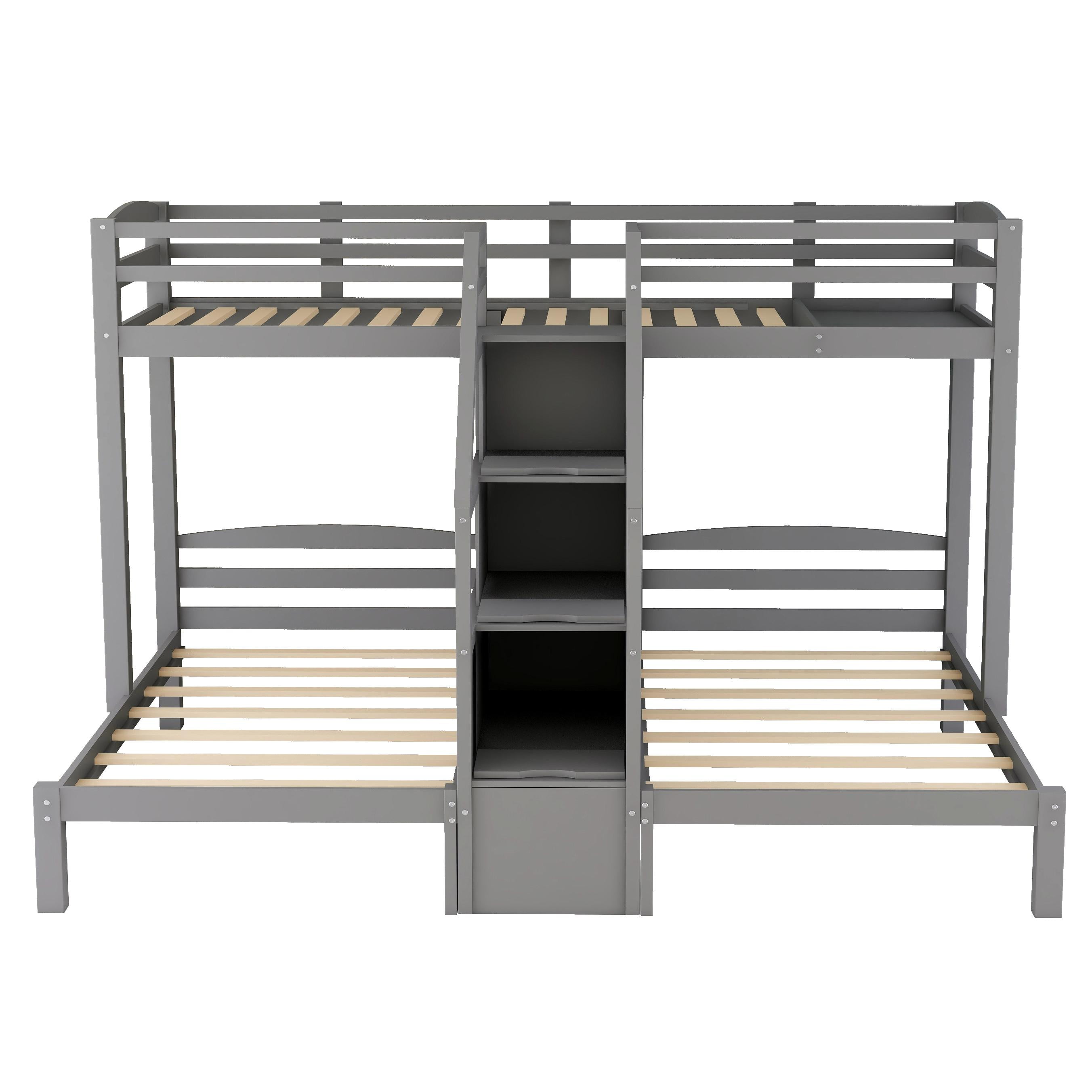 EUROCO Twin over Twin & Twin Bunk Bed with Staircase and Drawers for Kids Teens Bedroom, 3-in-1 Bunk for More Kids, Storage Staircase, Gray