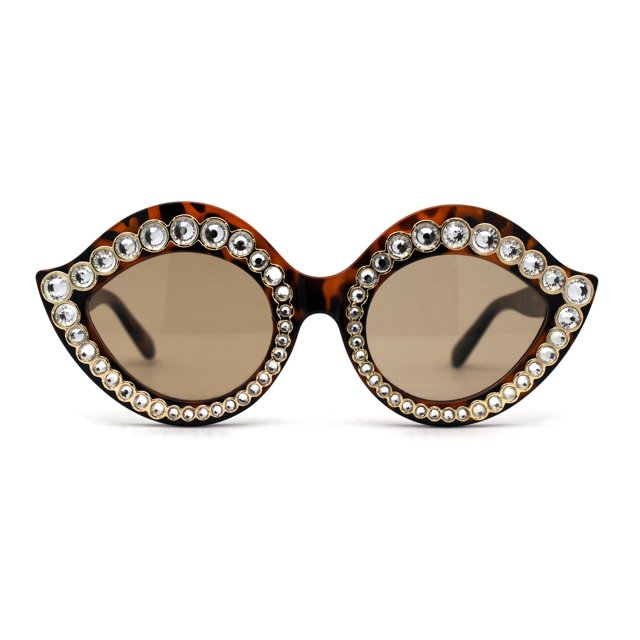Heavy Oversize Rhinestone Leaf Shape Mod Sparkling Sunglasses Tortoise Clear Brown