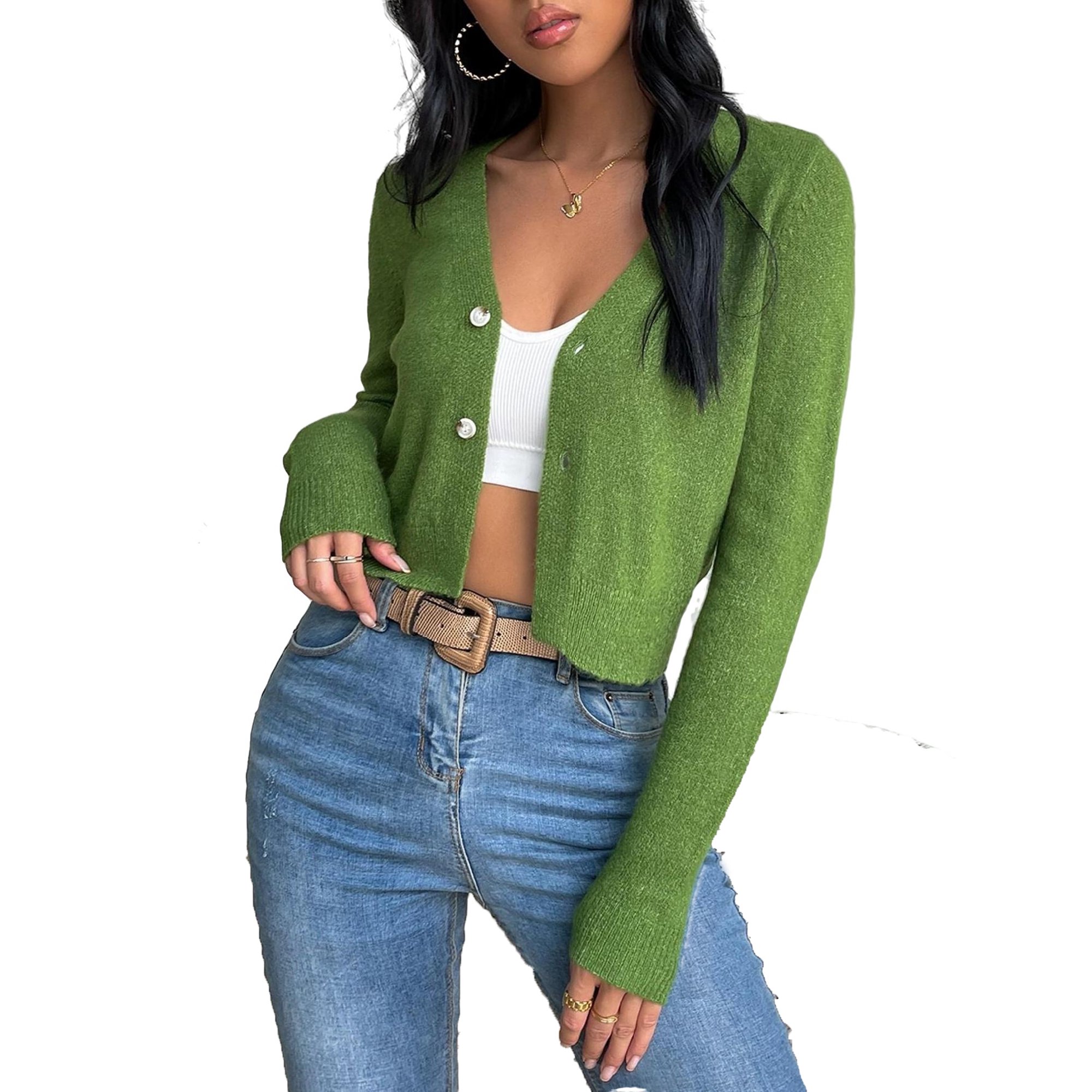 Casual Plain V neck Coat Long Sleeve Lime Green Women Cardigans (Women's) -  Walmart.com