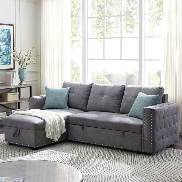 91 Reversible Sleeper Sectional Sofa 3, Haris Dark Grey Fabric Sleeper Sofa Sectional