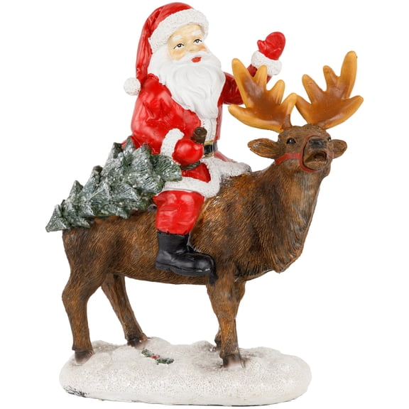 Northlight Santa Claus on a Reindeer Holding a Frosted Pine Tree Christmas Figurine - 8.25"