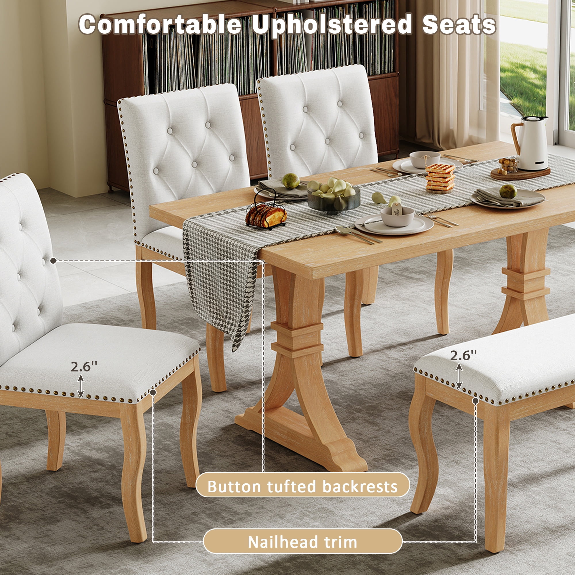 6-Piece Dining Table Set for 6 , 60" Large Rectangular Table with 4 Upholstered Chairs and Bench
