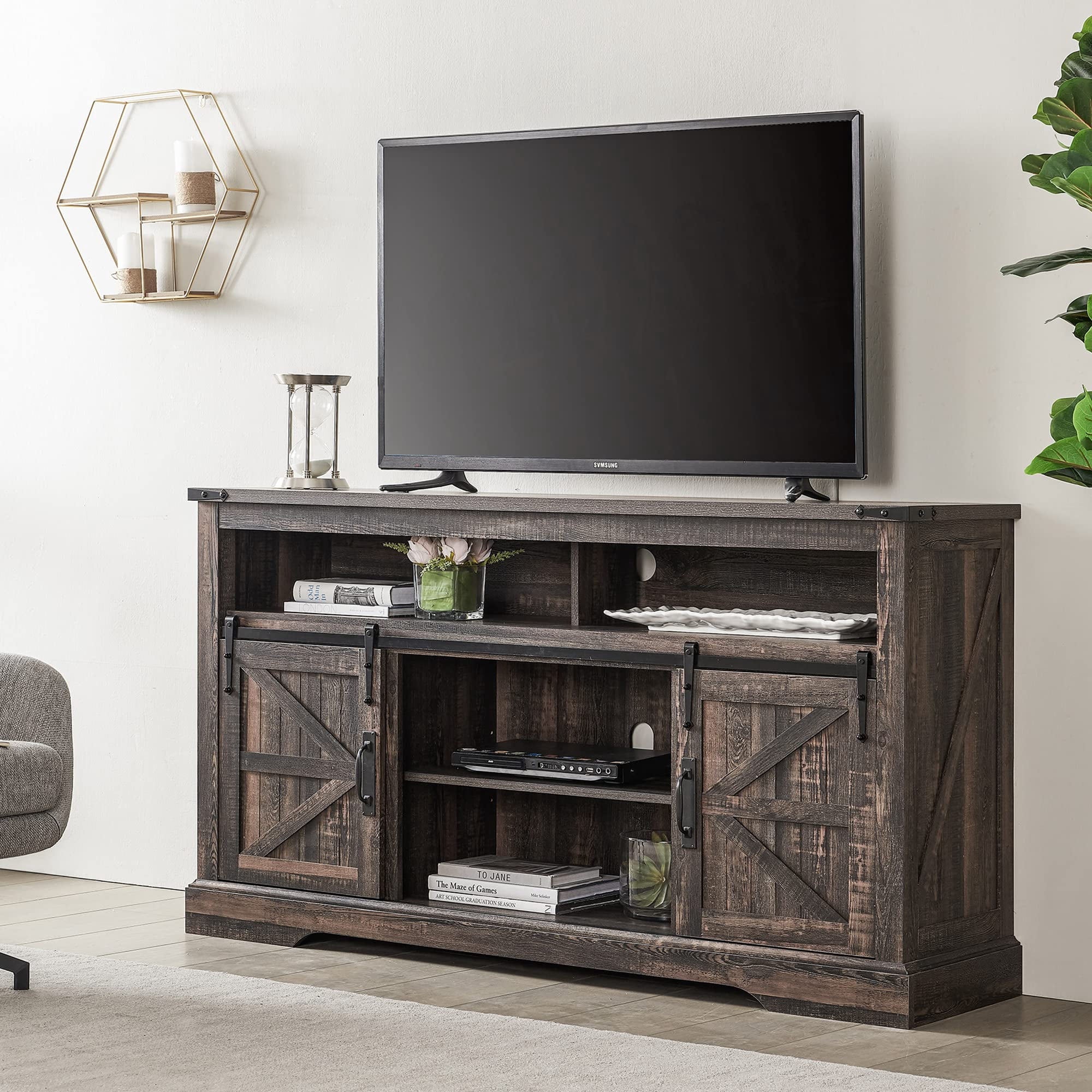 OKD Farmhouse TV Stand for TVs up to 70", Rustic Console Entertainment Center Television Table with Adjustable Shelf for liveing Room, Dark Rustic Oak