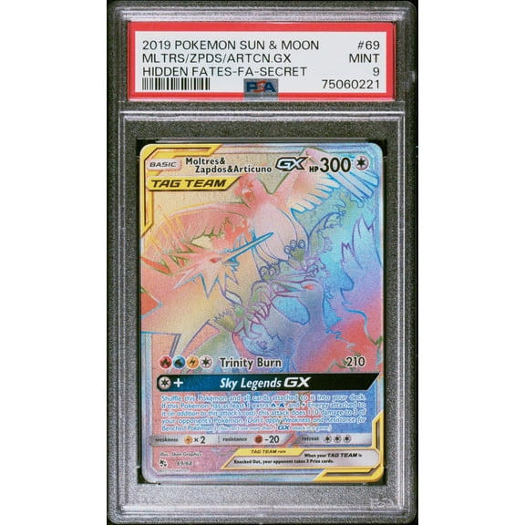 Graded 2019 PKM Sun & Moon Moltres/Zapdos/Articuno GX #69 Hidden Fates Trading Card Game PSA 9 Mint