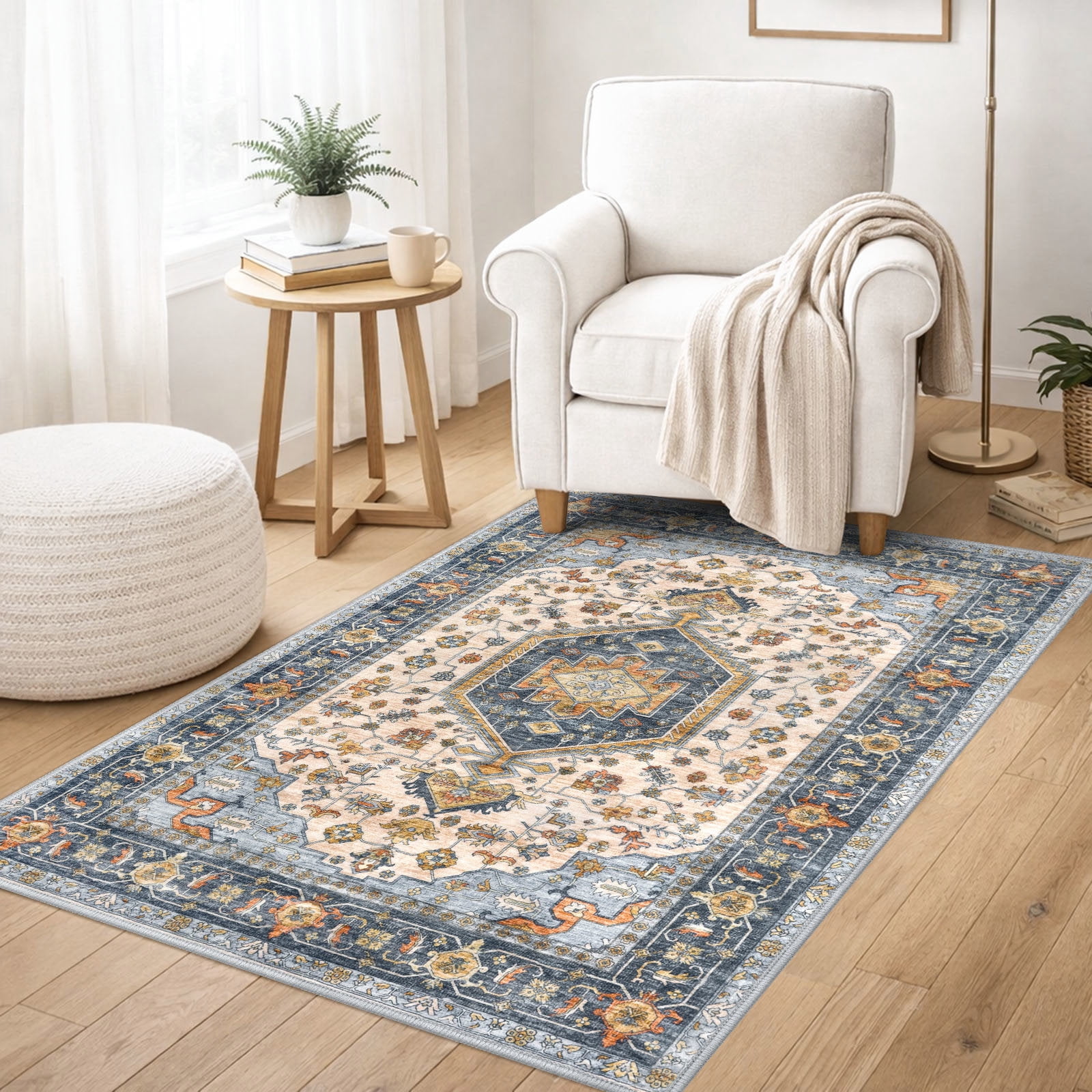 GLATTICE Washable Rugs 3x5 Ivory Blue Area Rugs Vintage Floral Rug for Living Room Non-Slip Kitchen Rugs Soft Printed Distressed Entry Rug Low-Pile Throw Rug Carpet for Entryway Bedroom