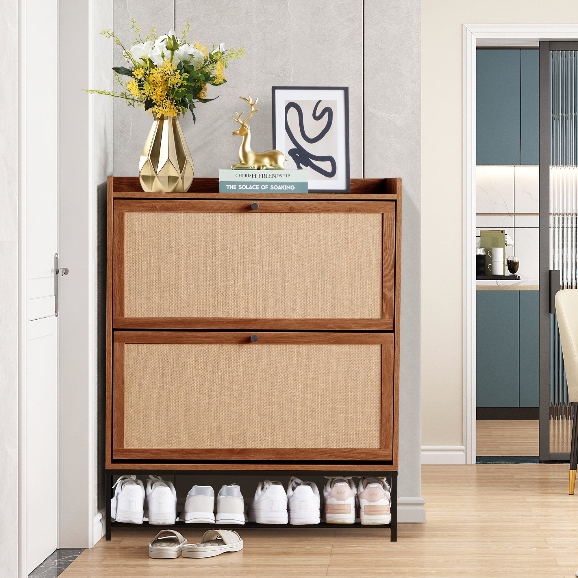 YOCWO Shoe Storage Cabinet with Flip Drawers for Entryway, Shoe Rack Organizer with Open Shelf, Walnut