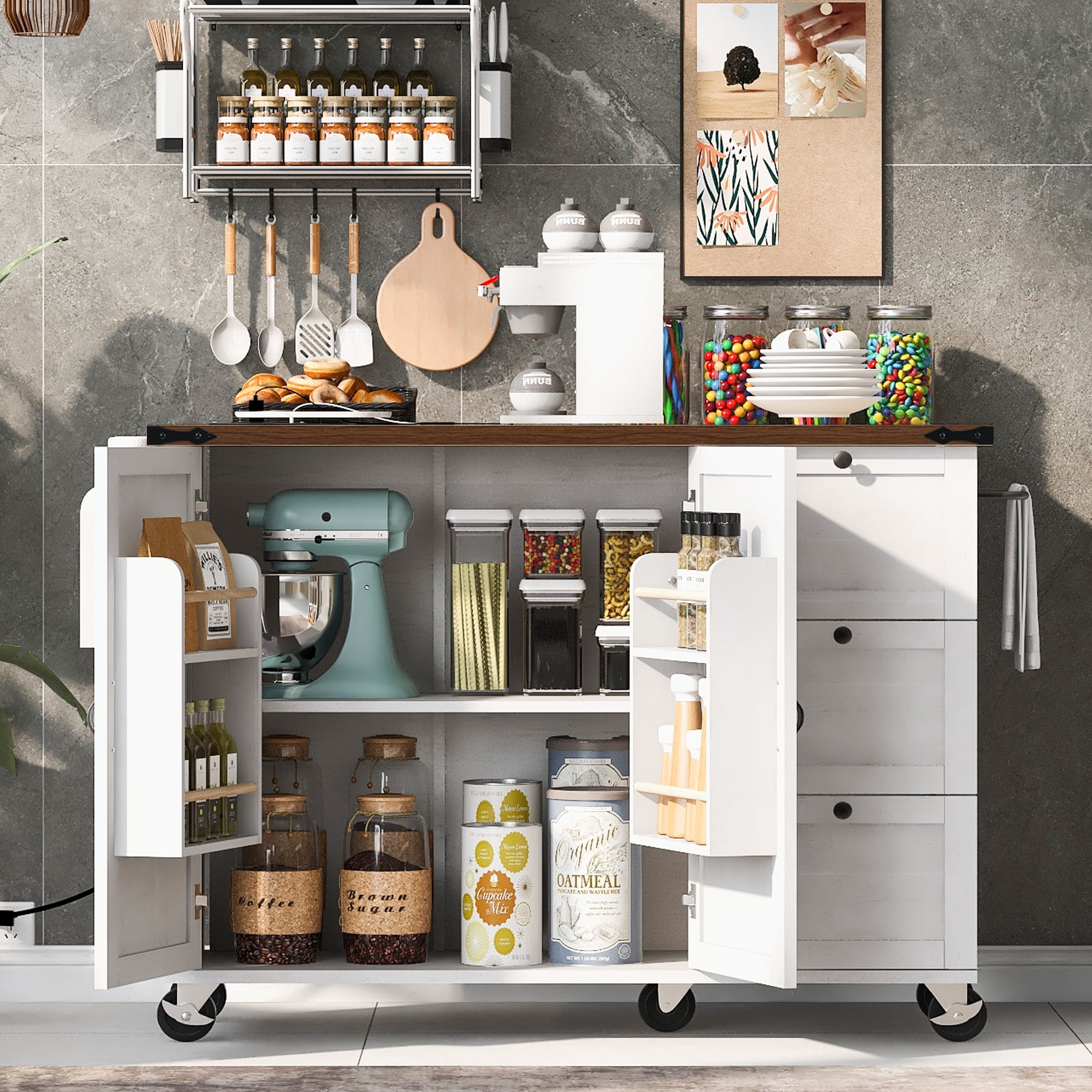 Yoneston 54.5" Farmhouse Kitchen Island with Power Outlet and Drop Leaf, Multifunctional Kitchen Trolley with Internal Storage Rack, Spice Rack and 2 Doors 3 Drawers for Kitchen Dining Room, White