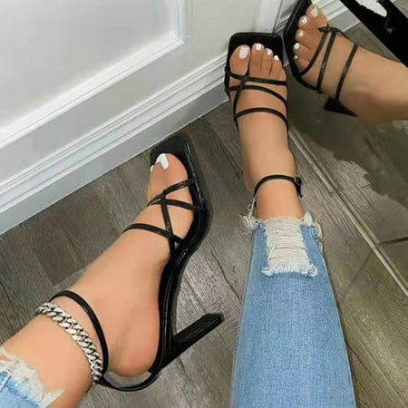 

YANHOO Sandals for Women Crisscross Strappy Square Toe Buckle Ankle Sandal Summer Casual Toe Ring Block Heel Shoes
