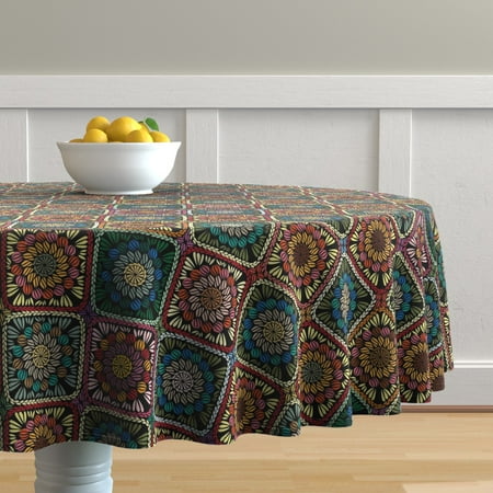 

Cotton Sateen Tablecloth 90 Round - Squares Knitting Multicolor Earth Tones Moody Crochet Print Custom Table Linens by Spoonflower