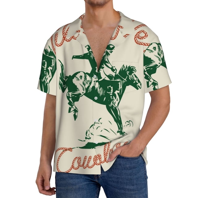 Balery West Cowboys Camisa Casual de Manga Corta con Botones para Hombre, Texturizada, Estilo Cubano, para Playa, Verano-Medium