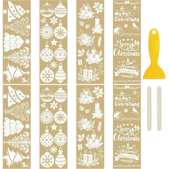8 PCS Gold Stamping Christmas Rub On Transfer Sticker, Tree Decoration Patterns Decal for Party Present Packaging DIY Scrapbooking Windows Albums Furniture,10 * 30cm
