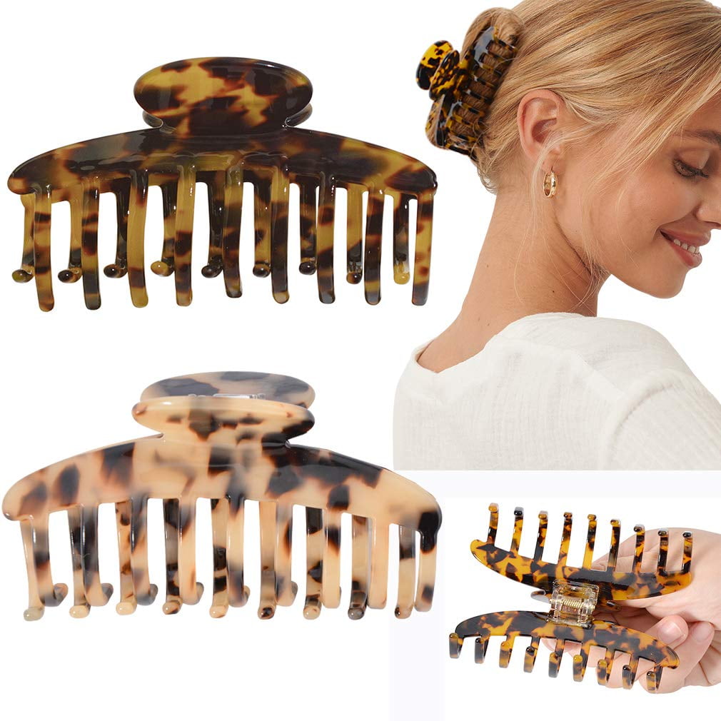 2 Jaw Clips Brushed Black & Brown Girls Hair Clips w/Stylish Ridged Design 