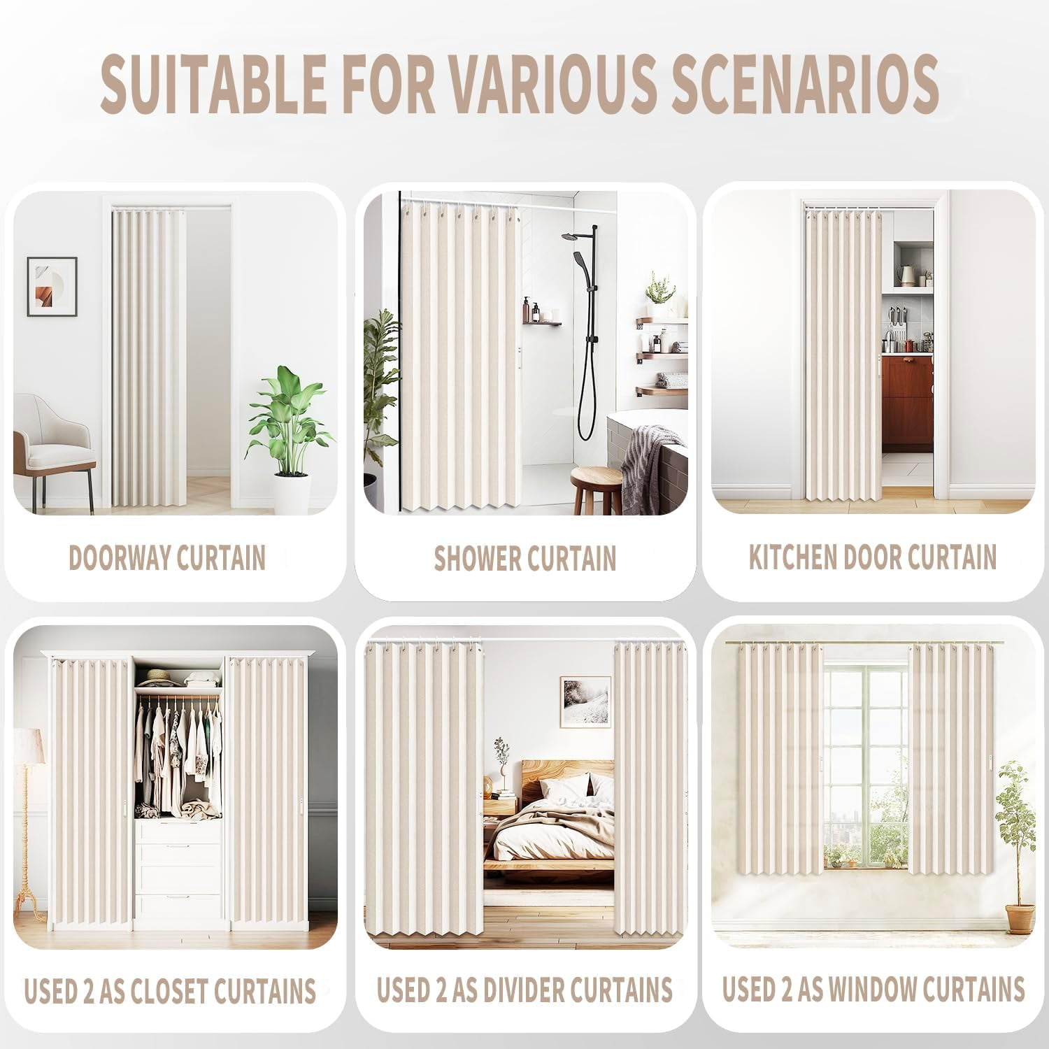 Accordion Closet Curtains, Pleated Door Curtain for Room Divider, 1 Panel, 39" W x 78" L, Beige, Space-Saving Folding Door Solution