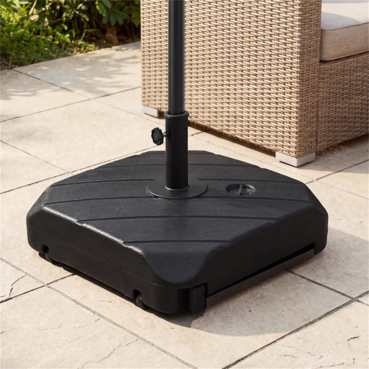 Rolling Fillable Patio Umbrella Base with Foldable Pull Rod & Hidden Wheels Heavy Duty Water Sand Weighted HDPE Umbrella Stand with 2 Pole Adapters for 7.5–11ft Umbrellas Black Wood Grain