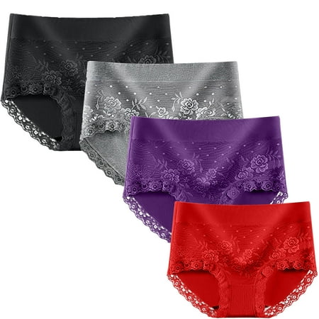 Sdeycui 4PC Women s High Waisted Cotton Underwear Tummy Control Full Coverage Panties Plus Size Rose Lace Trim Briefs