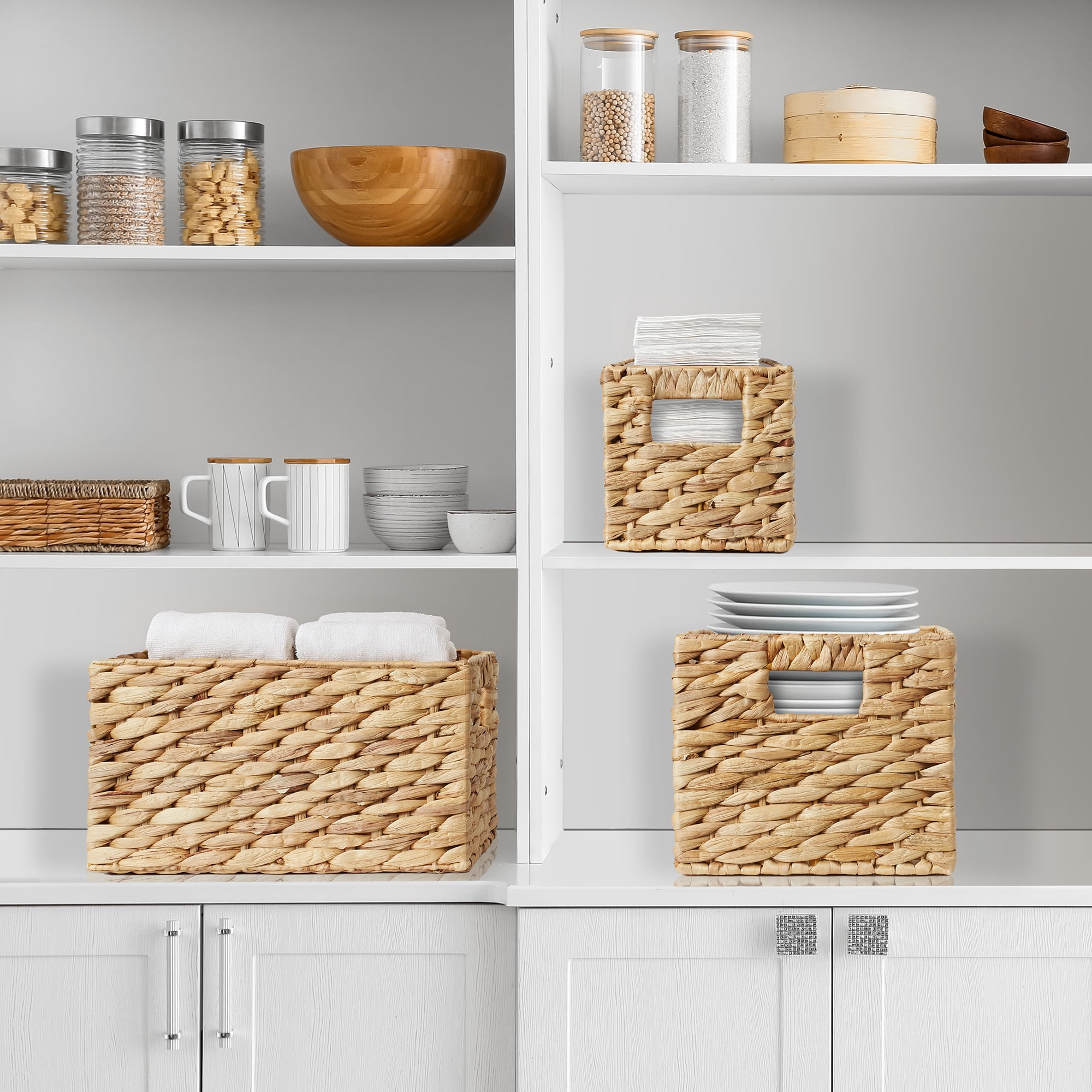 Casafield Set of 3 Water Hyacinth Storage Baskets with Handles - Small, Medium, and Large Woven Nesting Storage Bin Organizers for Shelves