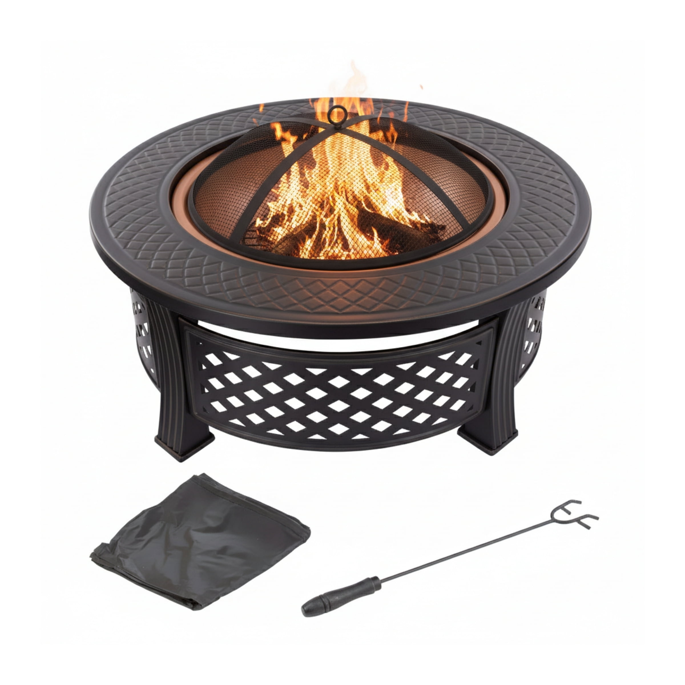 Pure Garden Outdoor Fire Pit – 32” Round Wood Burning Pit with Spark Screen, Poker & Cover, Bronze