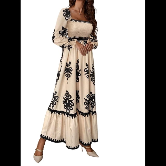 Vestido de Otoño para Invitada de Boda, Estilo Bohemio, Floral, de Larga, con Escote en V, Fluido, Elegante, para Playa Albaricoque XL