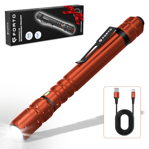 FORTO 1 Pack Orange Led Outdoor Pen Flashlight, Waterproof IP67, Pen Light.