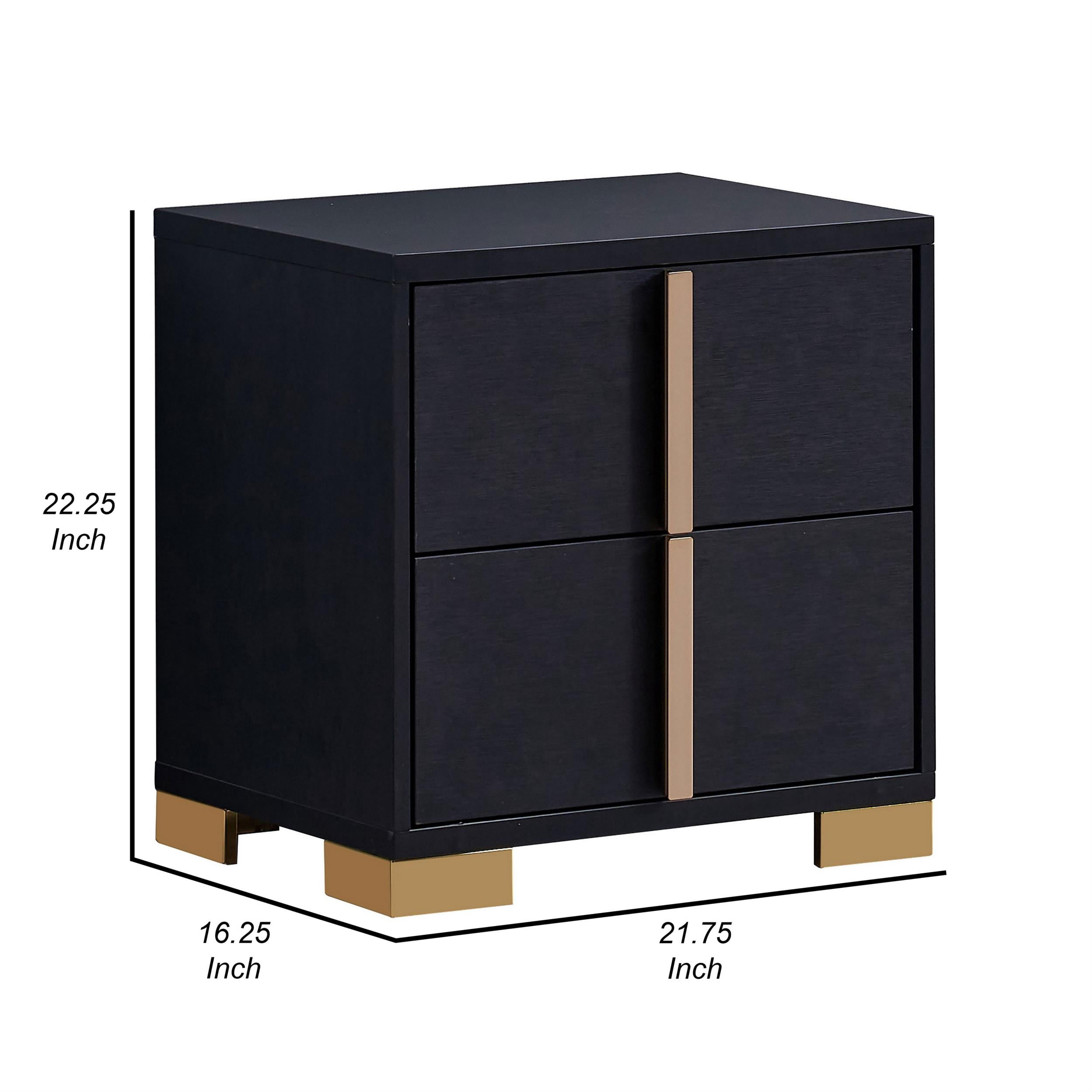 Dex 22 Inch Nightstand- 2 Drawers with Long Vertical Gold Handles- Black