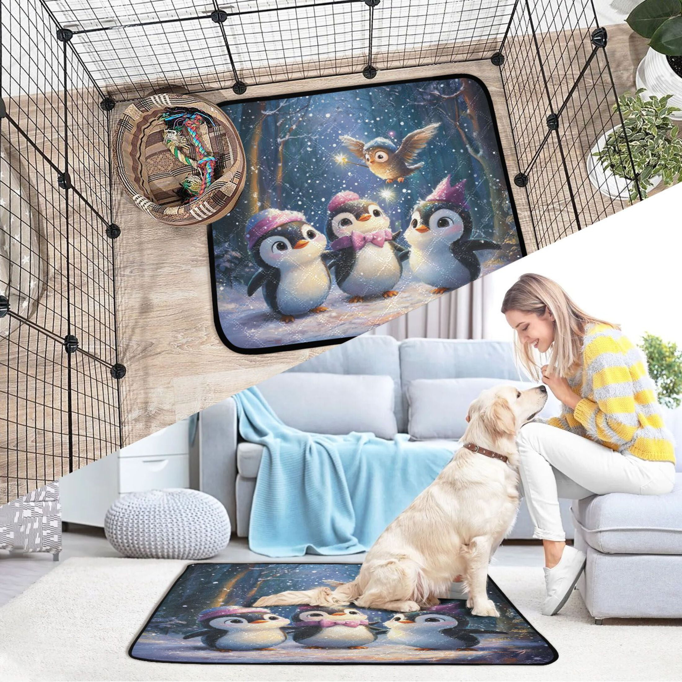 Qxltty Three Cute Cartoon Penguins Cat litter Pads Pet Set of 3 Diaper Mats Center Anti-leakage Layer Absorbent Soft and Comfortable