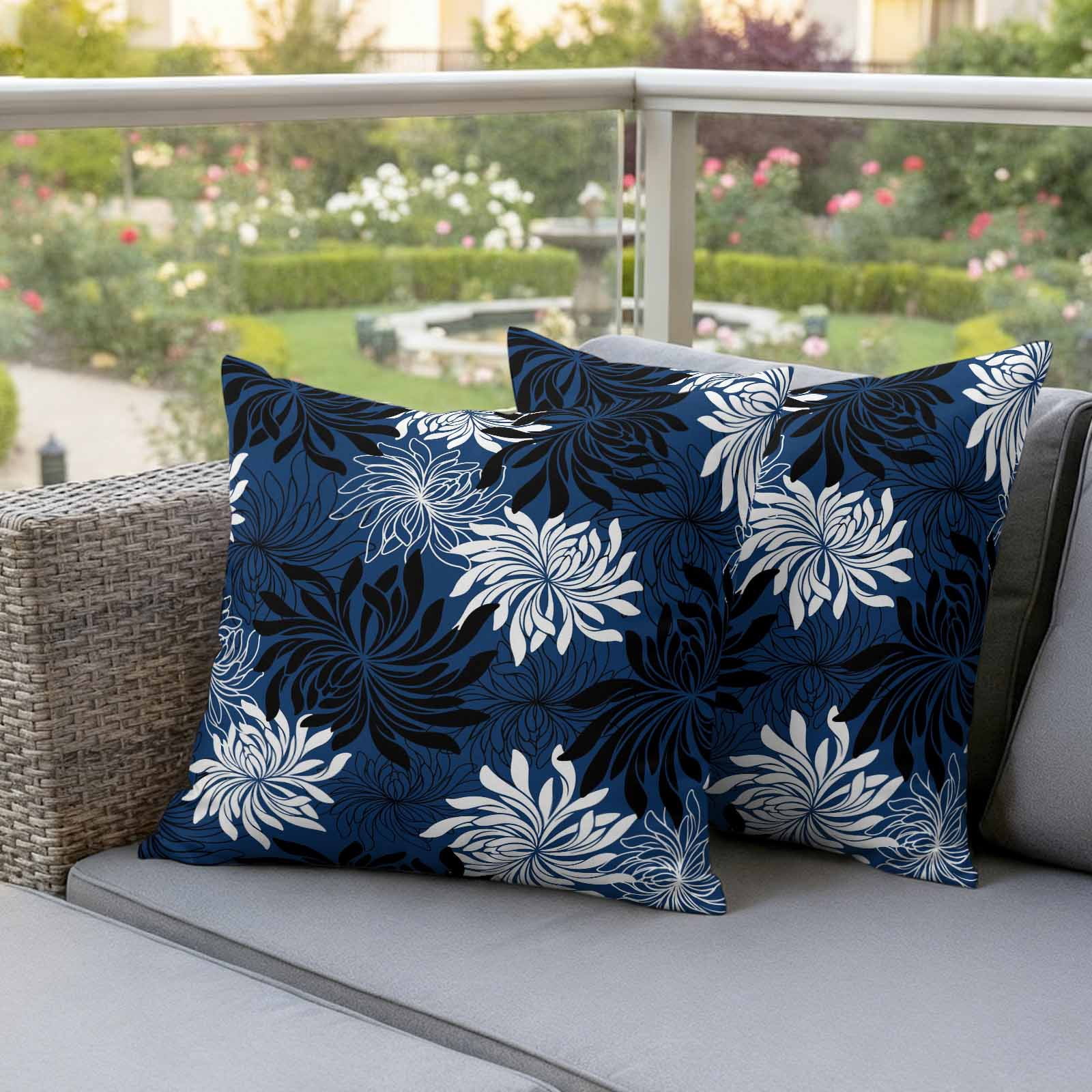 Blue Black Flowers Outdoor Waterproof Throw Pillow Covers 20x20 Set of 2, Modern Abstract Blooms Floral Decorative Pillowcases Cushion Pillowcase for Couch Sofa Patio Outside Pillow Protector