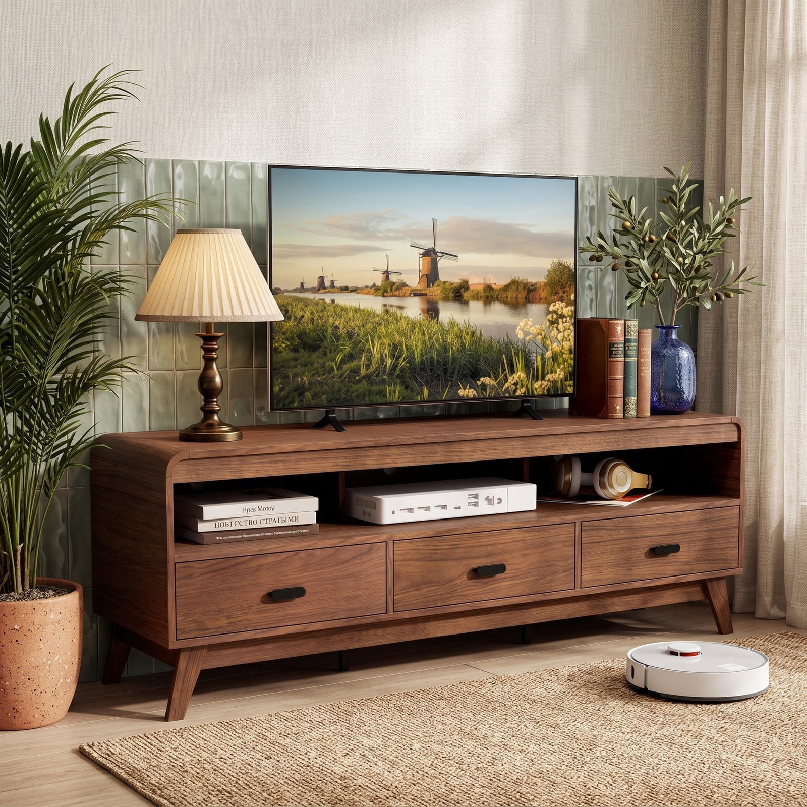 Furnibear Mid Century Modern TV Stand for TVs up to 70 Inch, Wood Entertainment Center Media Console with 3 Storage Drawers and Open Shelves for Living Room, Walnut