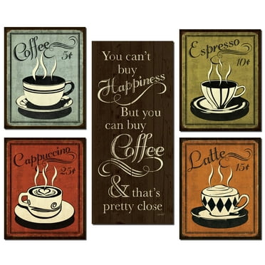 Retro Multi-Color Coffee Espresso Cappuccino Latte Adult Kitchen Decor; 4- 8" x 10" 1 - 8" x 18" Unframed Prints