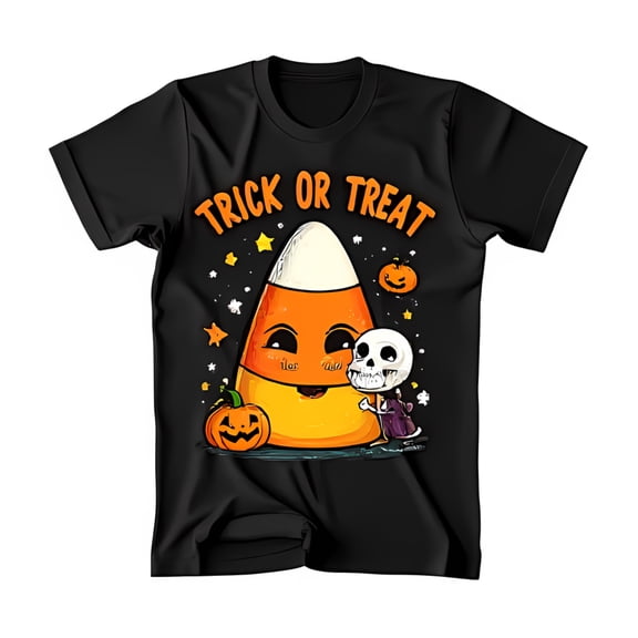 Happy Candy Corn & Skeleton Graphic Black T-Shirt for Halloween Fun