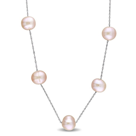 AMOUR 7 - 8 Mm Pink Cultured Freshwater Pearl Tin Cup Necklace On 10K White Gold