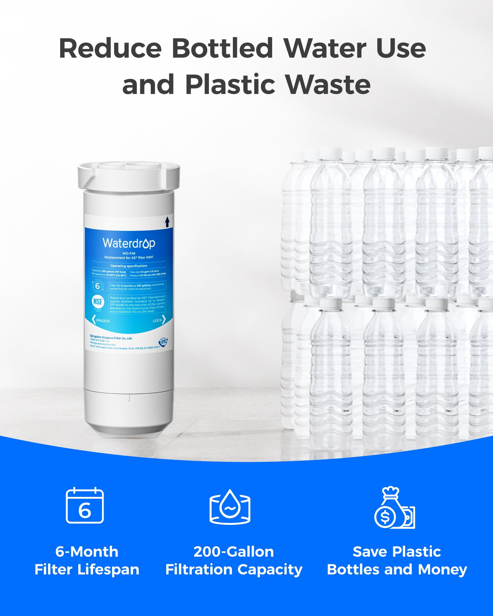 Waterdrop XWF Refrigerator Water Filter, Replacement for GE® WR17X30702, NSF 42/372 Certified, Compatible with GNE27, GFE26, GDE25, GSS25, PSE25 Series Refrigerators,2-Pack (Not XWFE®)