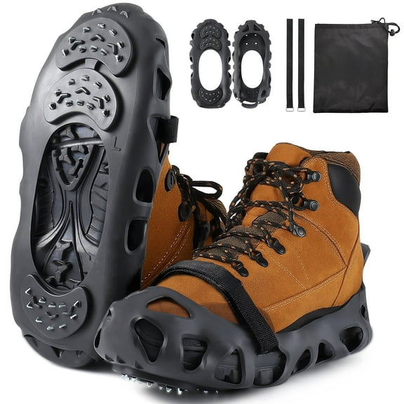 cyrico Crampons Ice Cleats, 30 Spikes Traction Ice Cleats Snow Grips for Men Women Winter Hiking Climbing Ice Fishing, L Size, Black