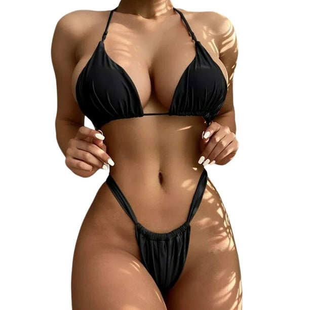 Traje De Baño De Dos Piezas Con Cuello Halter Bragas y sujetadores de mujer Conjunto de bikini con cordones Halter Cintura alta Sexy Ropa de playa sólida