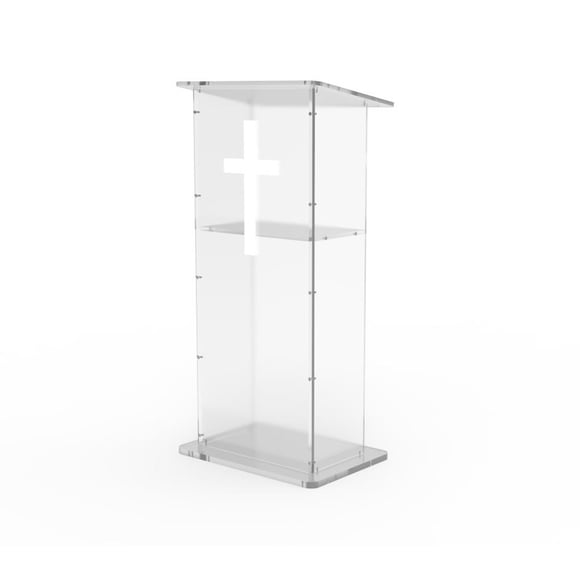 FixtureDisplays® Clear Acrylic Lucite Podium Pulpit Lectern 43" Tall with White Cross 102703+1803-CROSS