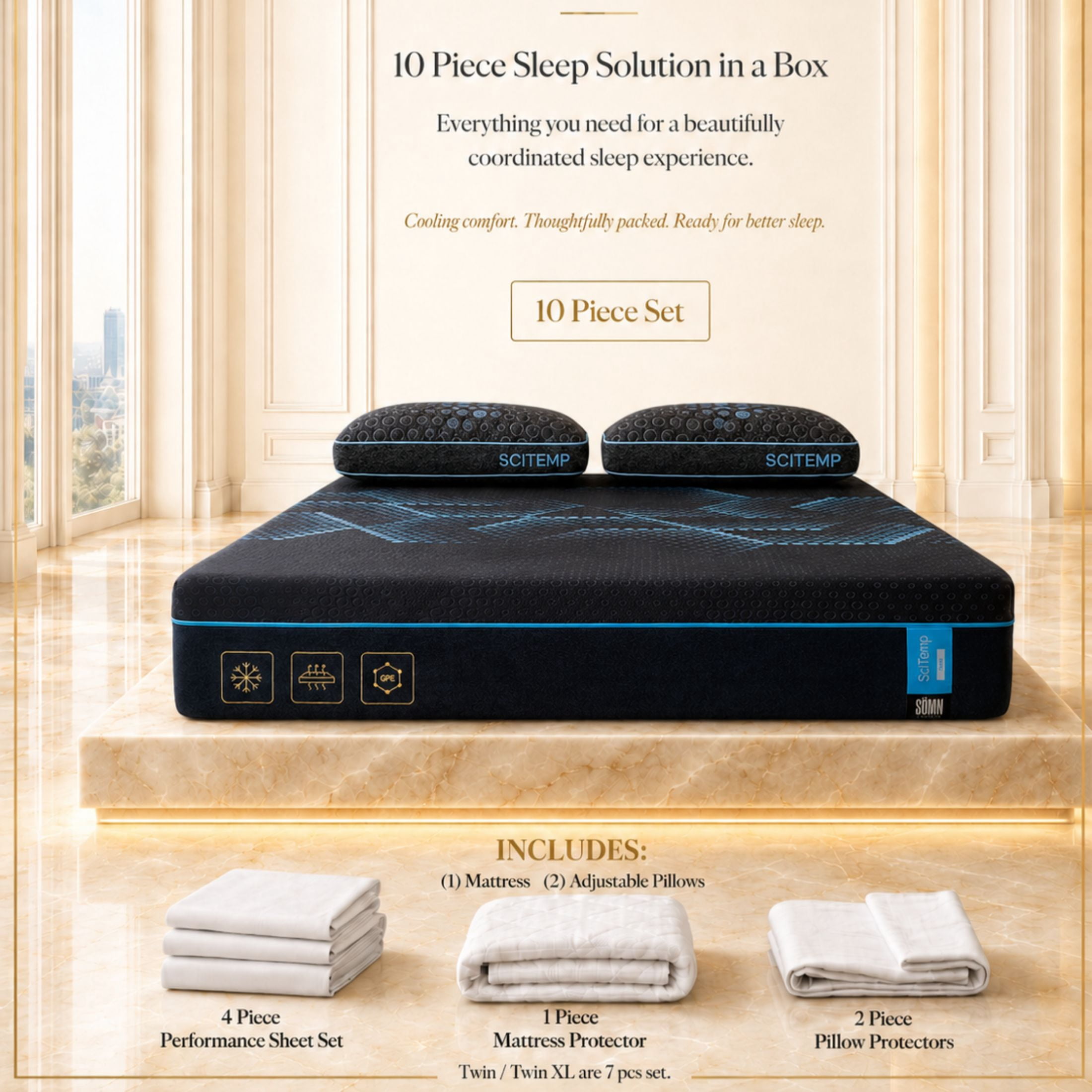 SciTemp by Somn Company 10-Piece Sleep Solution 14" Graphene + IceTech Cooling Memory Foam Mattress, Full.