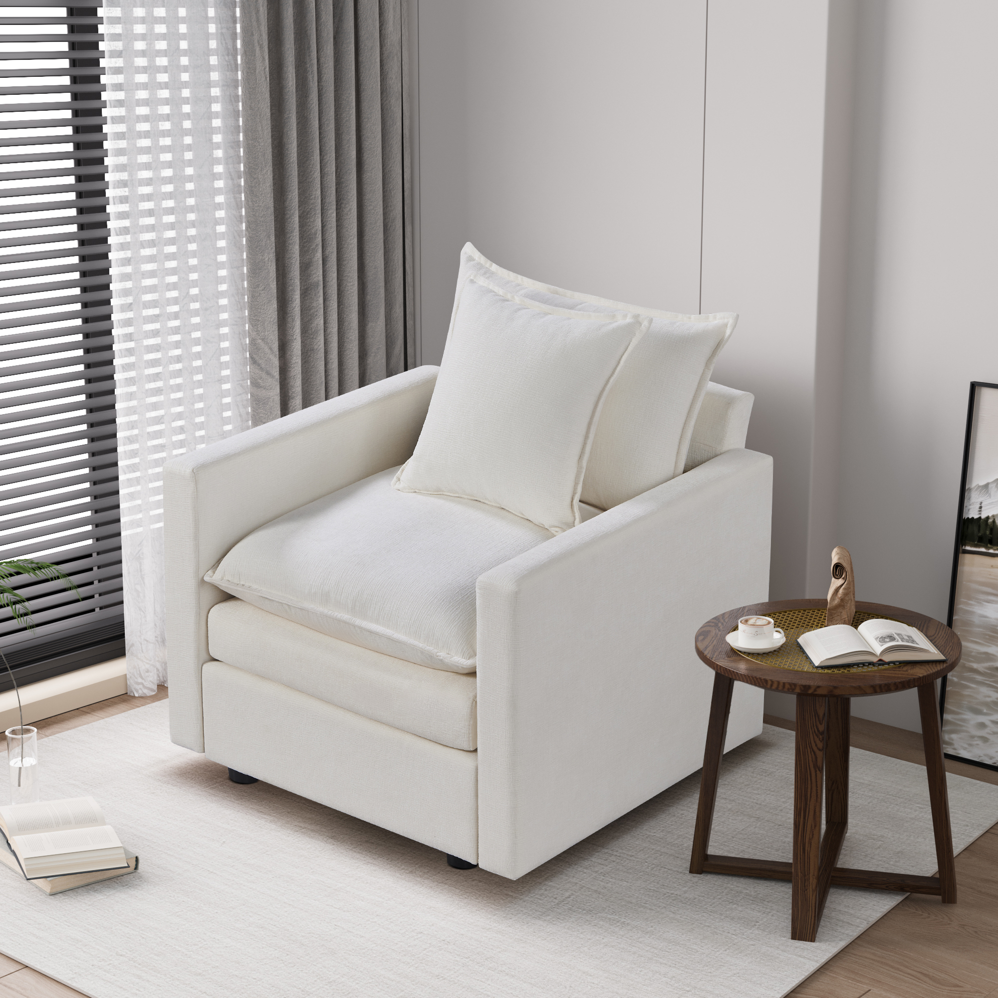 DEALTOPS 33"W Chenille Fabric Comfy Single Seat Sofa Upholstered Reading Armchair for Living Room-White