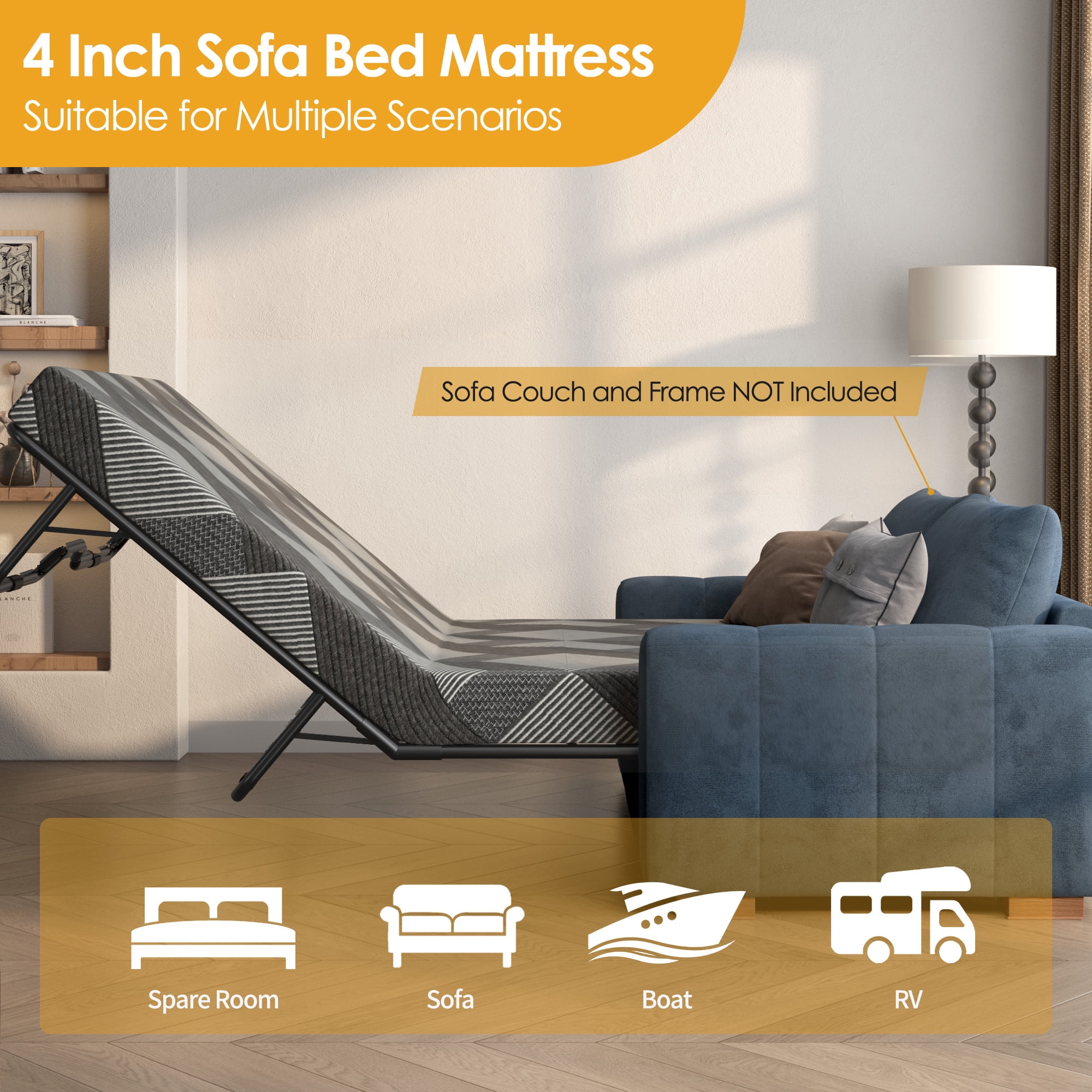 4 Inch Gel Memory Foam Bed Mattress, Full/Queen Size, Foldable Replacement Mattress for Pull Out Sofa Bed, RV, Boat, Guest Bed, Removable Washable Cover,CertiPUR-US Certified (Sofa Not Included)