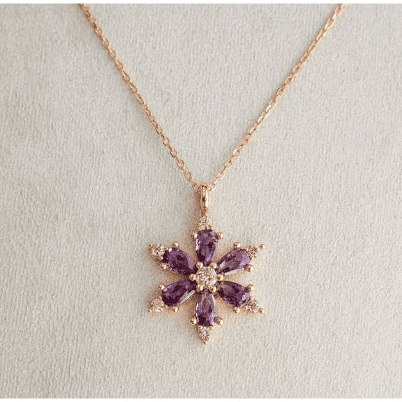 Amethyst Lotus Flower Necklace For Women - Handmade Necklace in 14k Rose Gold Finish - Gift For Girlfriend