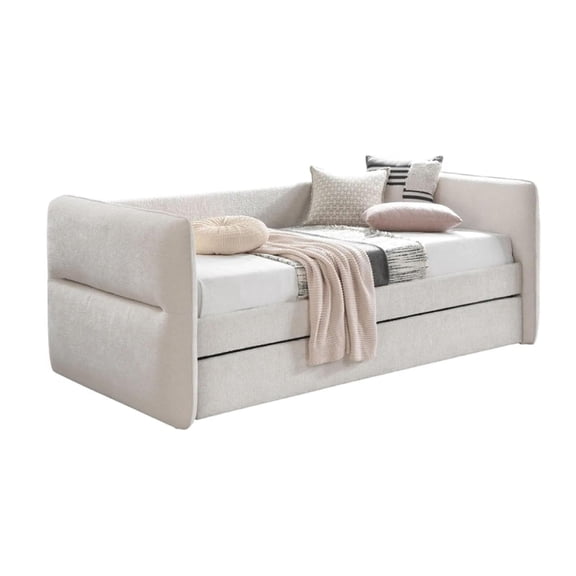Wemy Daybed w Pull Out Trundle- Modern Ivory Chenille Upholstery