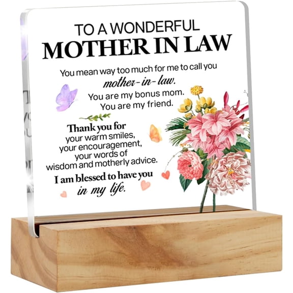 Mother in Law Gifts From Daughter in Law, Gifts for Birthday Christmas Mother's Day, to a Wonderful Mother in Law Clear Desk Sign with Saying Floral Bonus Mom Acrylic Sign