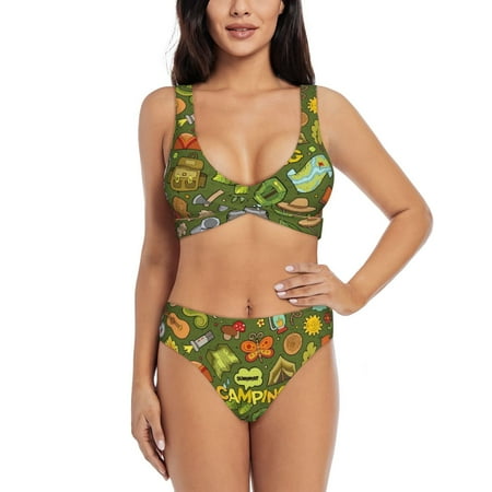 Zeuib Camping 1 High Waisted Tummy Control Bikini Set - Knot Front Push Up Top & Cheeky Thong Bottom  Two-Piece Swimsuit for Women-Large