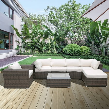 Screen Porch Wicker Furniture 7-Piece Patio Furniture Sets on Sale, SEGAMRT 7-Piece Wicker Patio Conversation Furniture Set w/ Seat Cushions & Tempered Glass Coffee, Wicker Sofa Sets for Porch Poolside Backyard Garden, S13078 ()