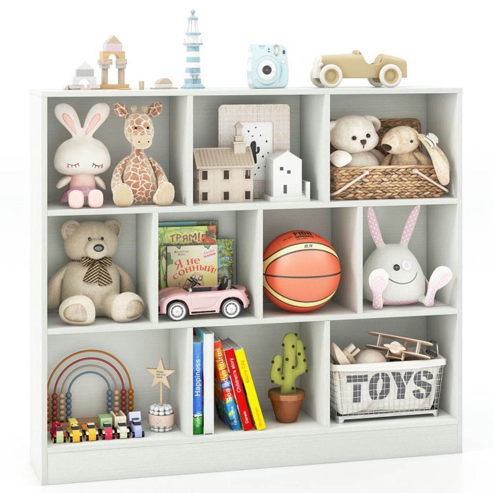 GVN Kids Bookshelf Bookcase, Toy Storage Organizer,41 inches Wooden Toy Storage Organizer with 10 Cubes for Kids-White