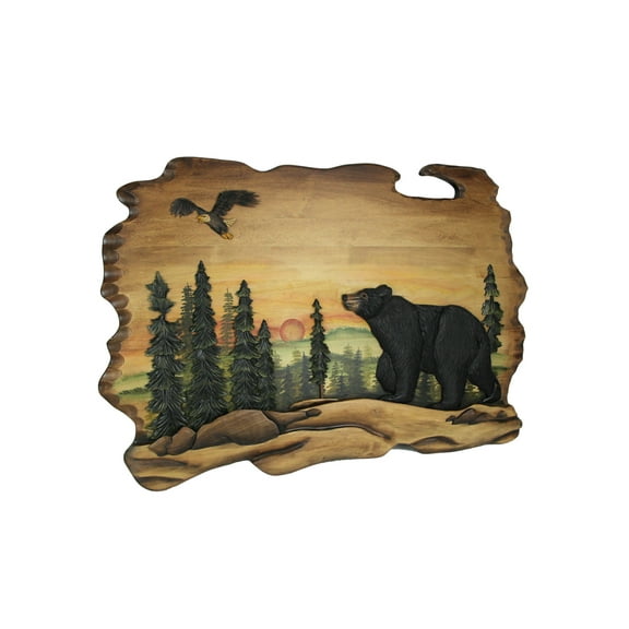 Things2Die4 Bear And Eagle Forest Sunset Hand Carved Natural Wood Wall Art Cabin Home Decor