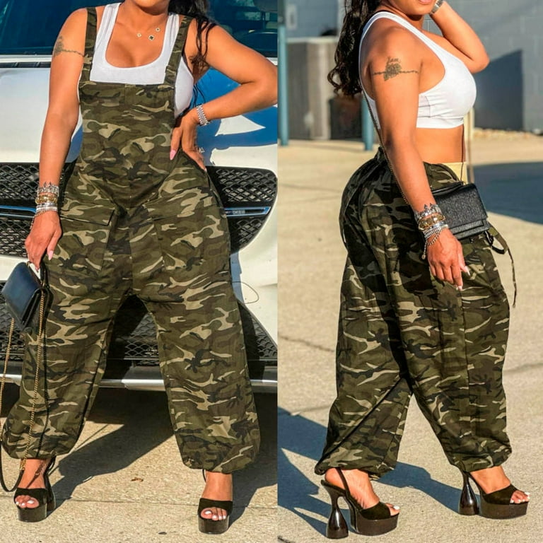 Xinqinghao Plus Size Romper Women s Casual Camouflage Prints Bib Straight Leg Slacks Jumpsuit Overalls with Pocket Jumpsuit for Women Green XXL Size