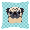 thumbnail image 1 of Checkerboard Blue Fawn Pug Fabric Decorative Pillow, 14 x 14 In., 1 of 1